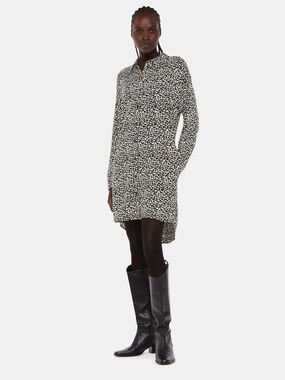 Whistles Black Helena Fuzzy Squares Dress Size US 8 Hi Low Pockets Long Sleeve